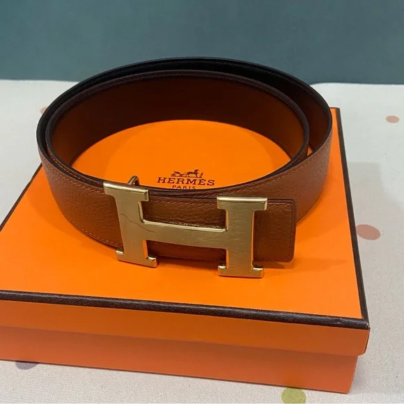 Brown Leather Belt with Gold Buckle SZ85 - Picture 3 of 4